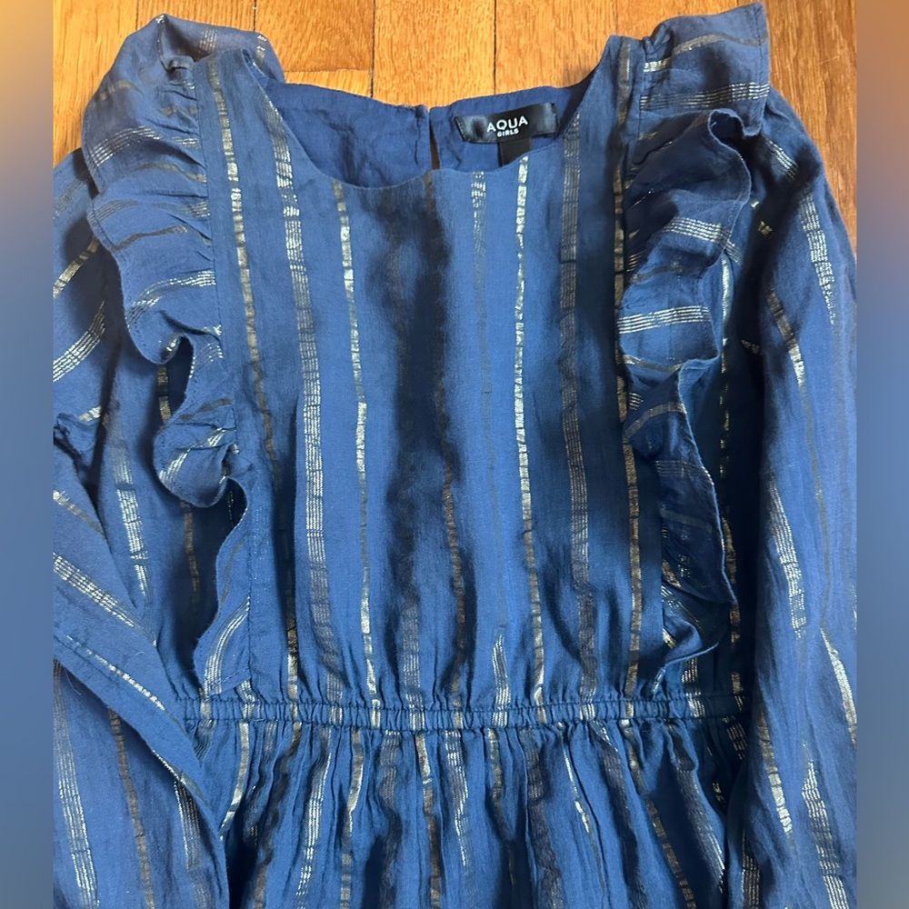 Blue Ruffled Dress with Metallic Stripes - Picture 2 of 3